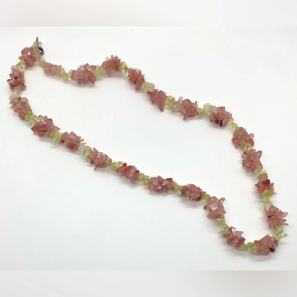 Vintage Long Chunky Pink Green Beaded Necklace Boho Eclectic Coastal Grandma